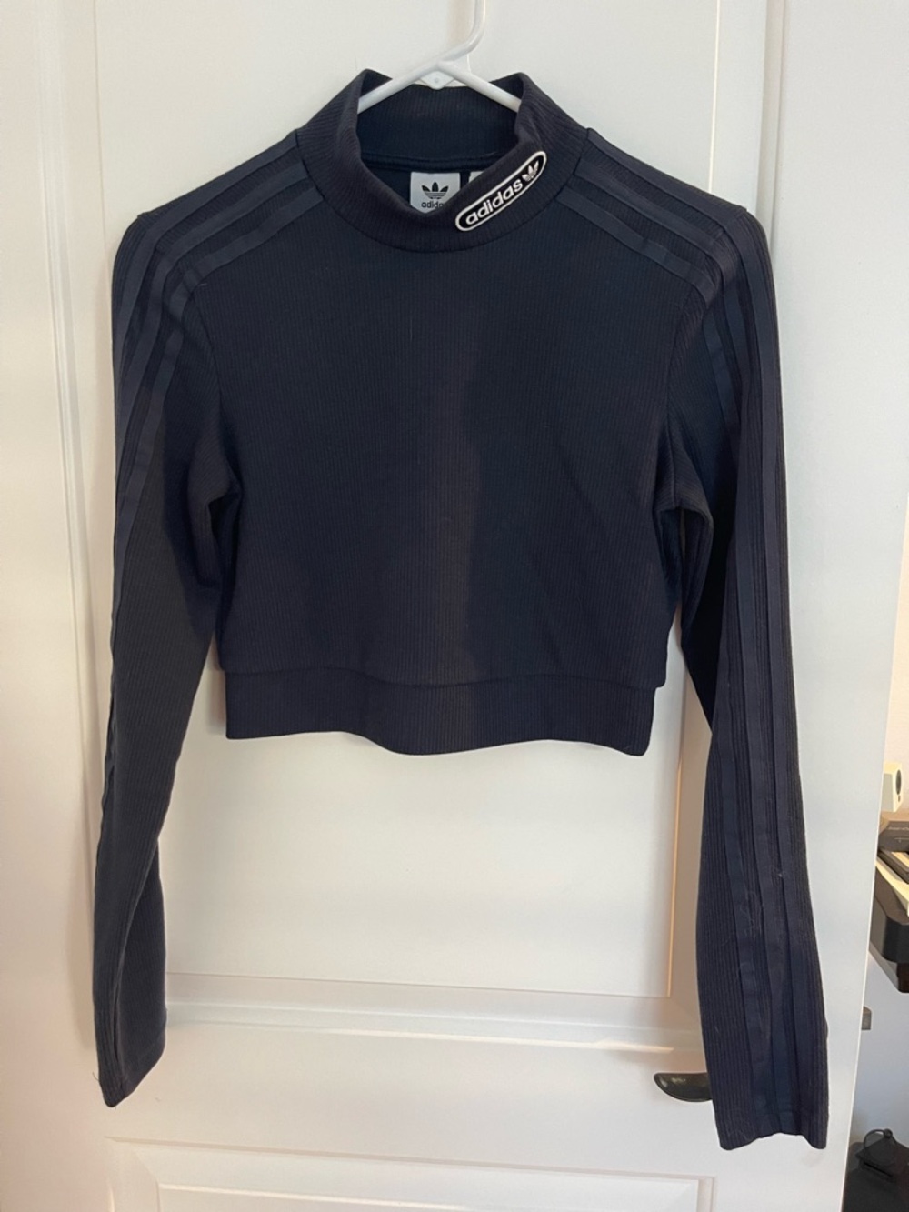 Adidas Women's Navy Ribbed Cropped Mock Neck Top